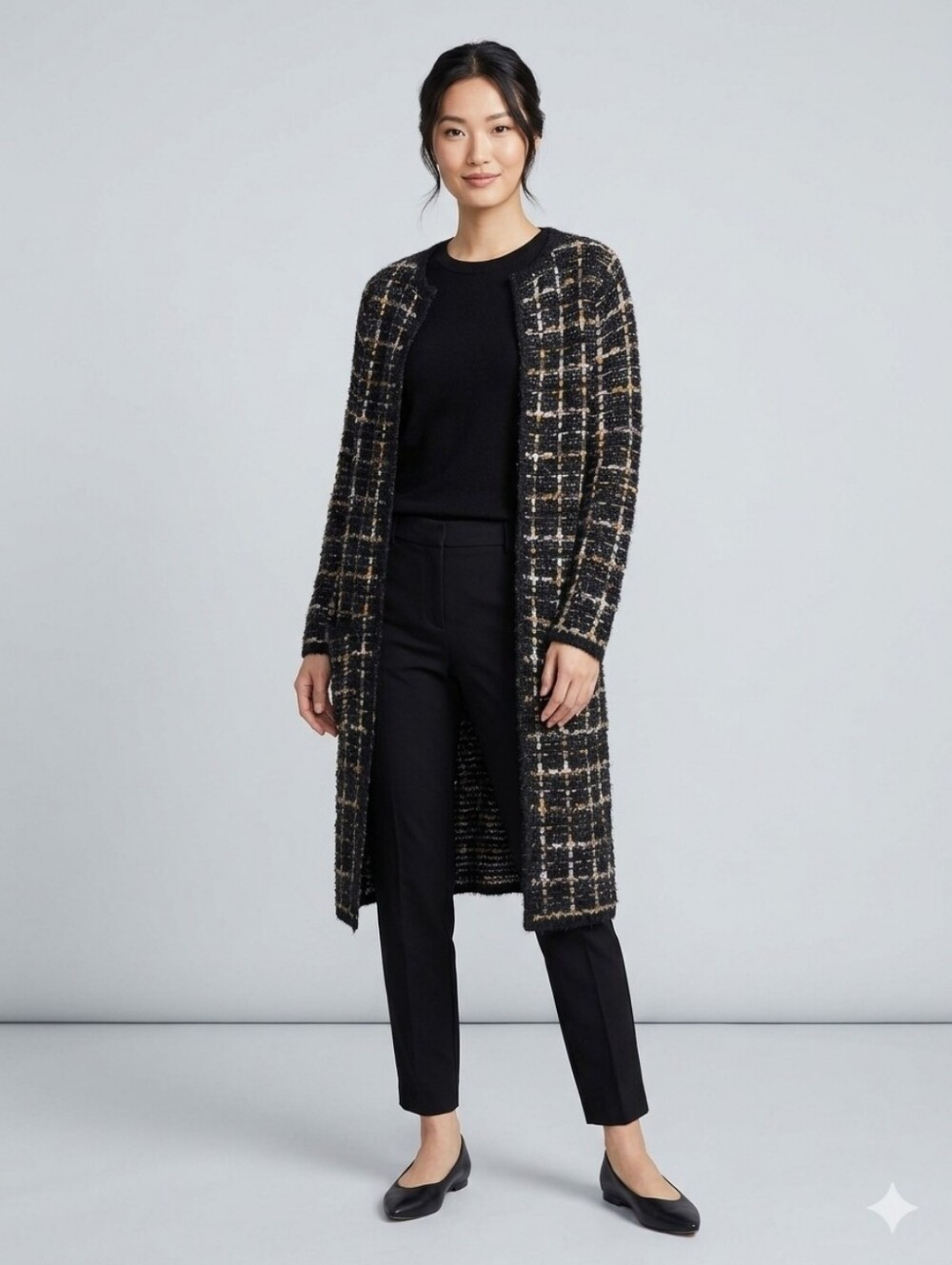 Long Open-Front Women’s Cardigan Sweater - Black and Gray
